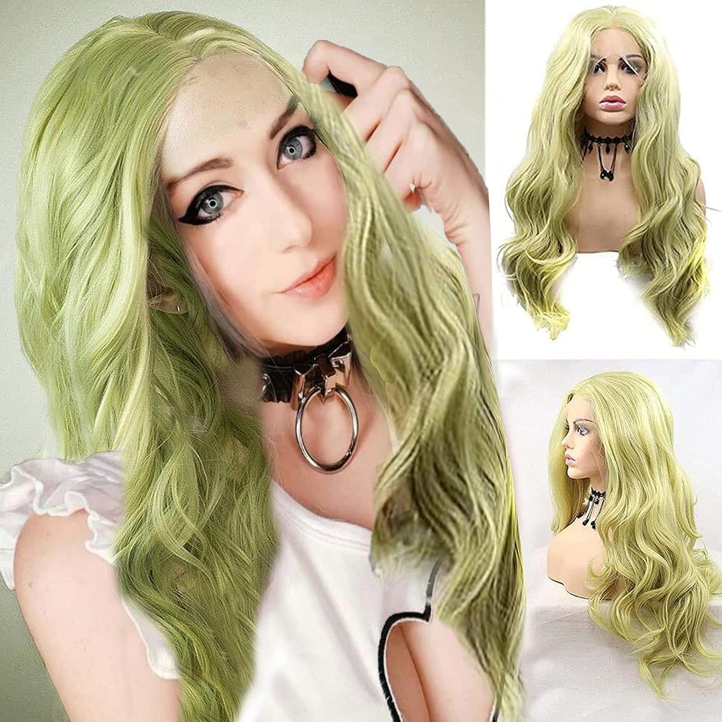 Yellow Green Lace Front Wig for Women - Long Wavy Synthetic Hair | Realistic Glueless 24-Inch Cosplay Style