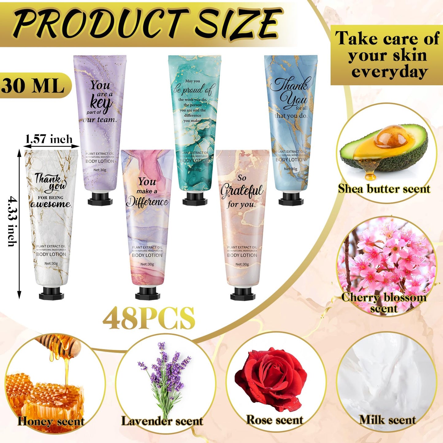 48pcs Hand Cream Thank You Gifts Bulk Inspirational Travel Size Dry Skin Hand Cream for Staff Team Teachers Employee Appreciation Gifts, Moisturizing Mini Body Lotion for Women Men