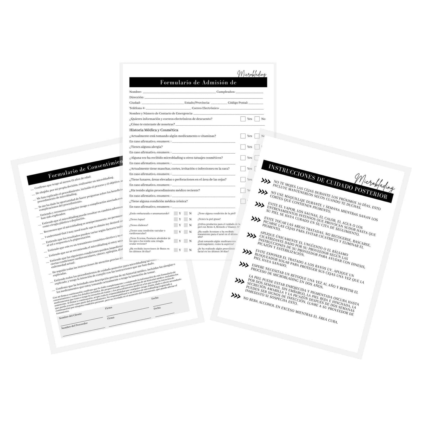 Spanish Microblading Intake, Consent, and Aftercare Form | 75 Pack | 8.5 x 11" A1 Forms | Clients Signature | Consent Forms for Microblading | Clients Signature | Minimalist Design