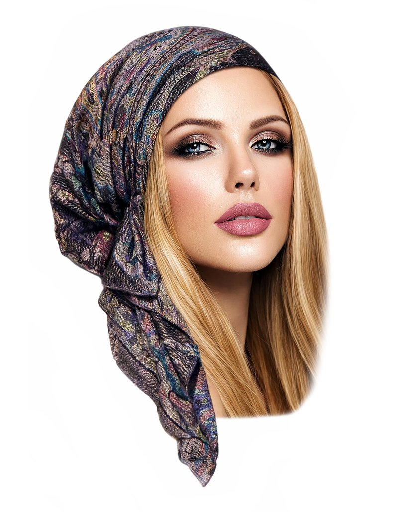 ShariRose Black Headcover Cashmere Non Slip Headscarf for Women Paisley Purple Floral Pre-tied Bandana (Black purple paisley)