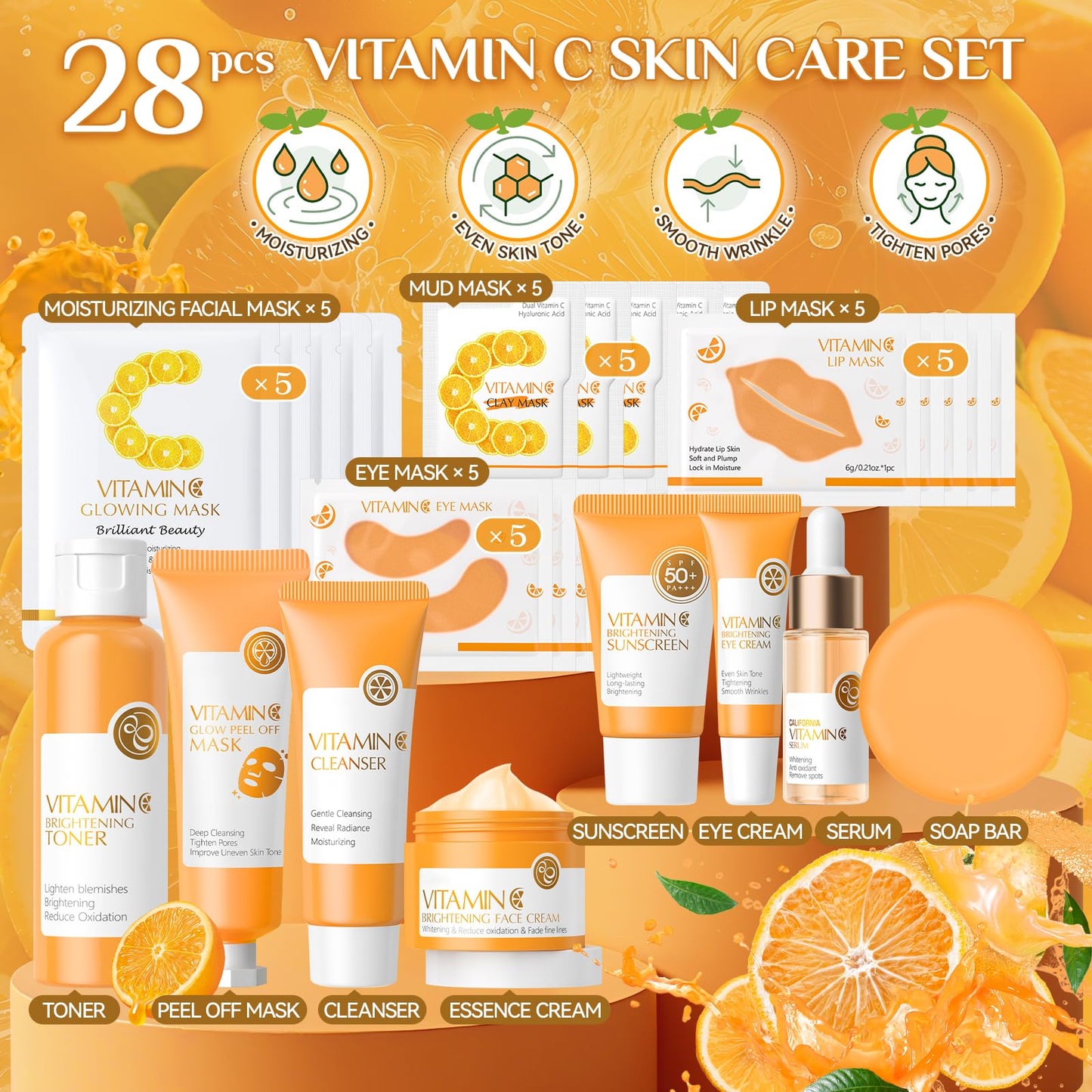 28 Pcs Vitamin C Skin Care Set, Skincare for Girls 10-12, Complete Skincare Routine for Deep Clean, Soft and Hydrated Skin, Ideal Gift for Teen Girls