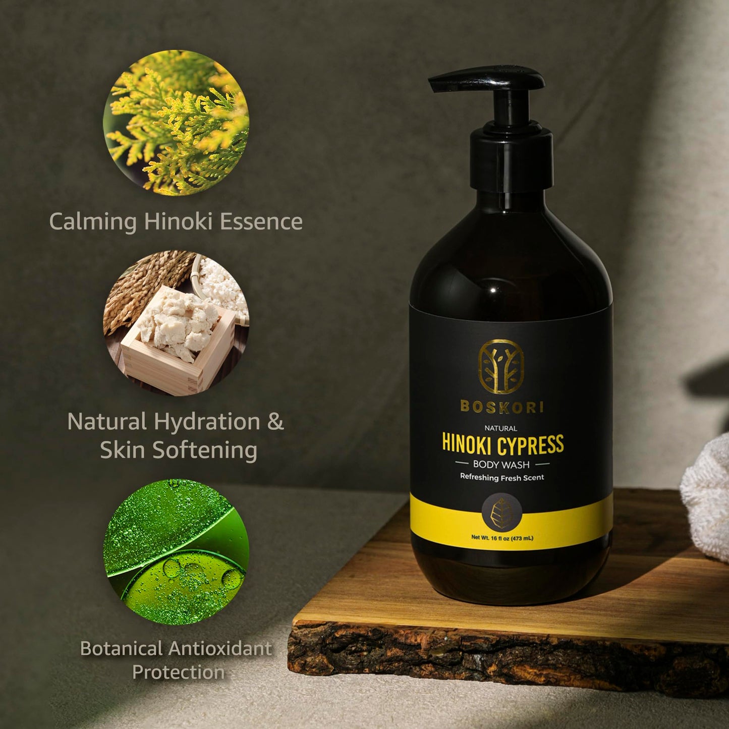 BOSKORI Men’s Hinoki Cypress Body Wash, with Pure Hinoki Essential Oil, Gentle Non-Drying Cleanser with Japanese Sake & Botanicals, No Harsh Sulfates, No Synthetic Fragrance, Made in Taiwan, 16 fl oz