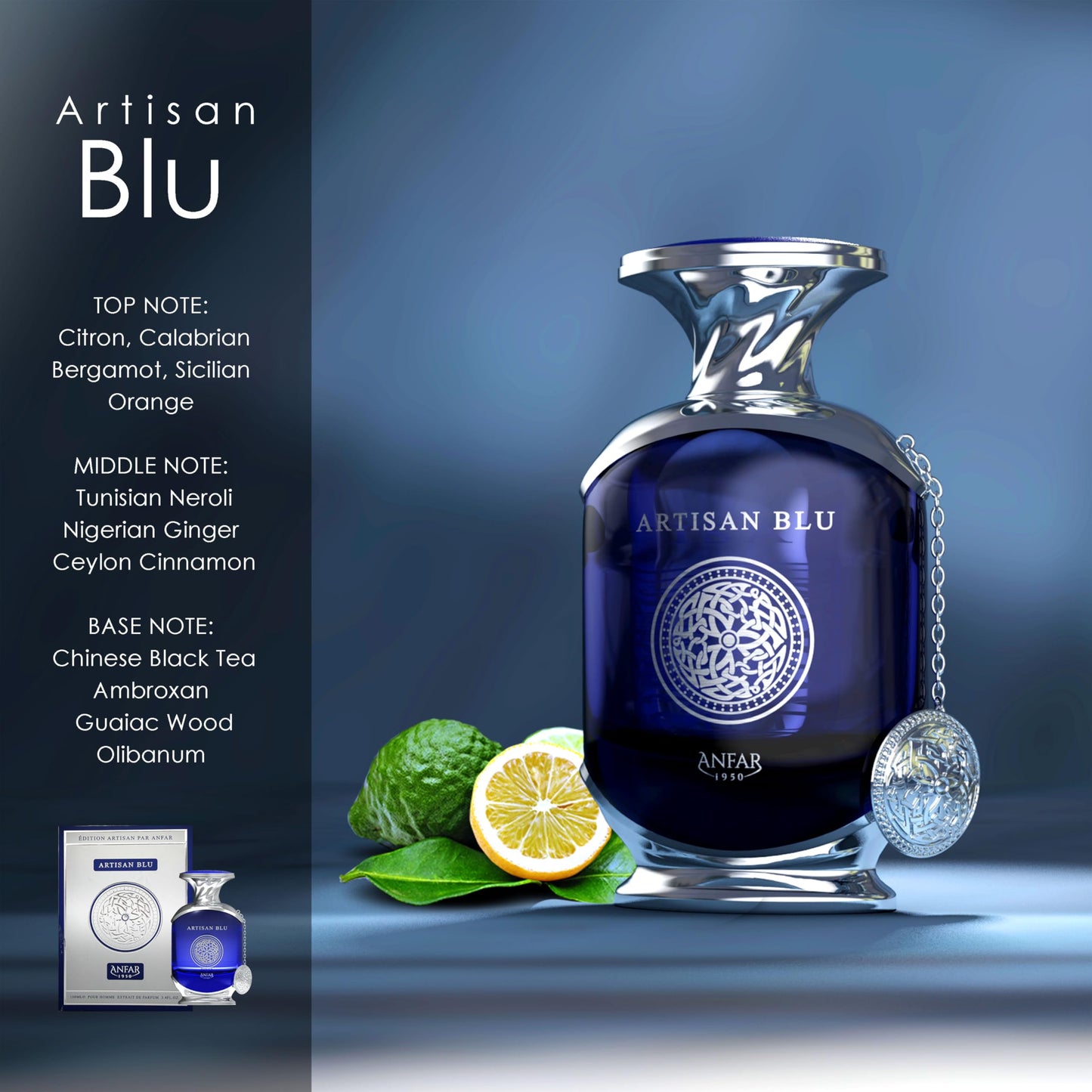 Anfar 1950 ARTISAN BLU Pour Homme by Extrait de Parfum, 3.4 fl oz, Citron, Bergamot, Orange,FOR MEN,100ML