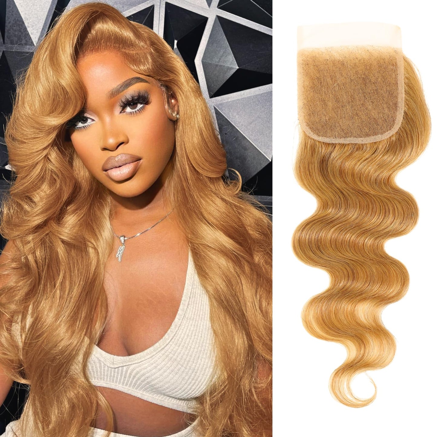 ALHER Honey Blonde 4x4 Closure Human Hair Body Wave, Color #27 Sun-kissed Vibe Golden Blonde Wavy Free Part Melt 4x4 HD Closure, 12A 100% Virgin Remy Real Human Hair Pre Plucked With Baby Hair 10 Inch