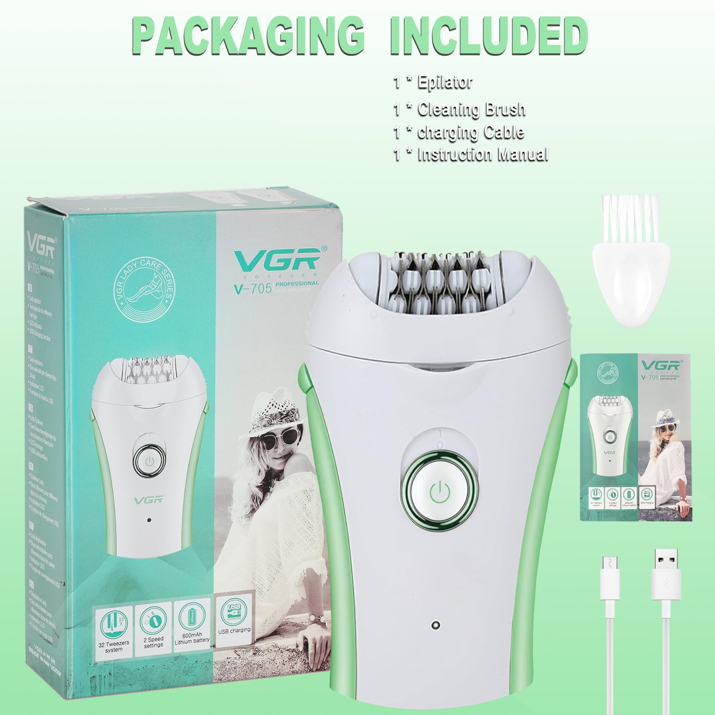 Epilators Hair Removal for Women, Glabrouse Skin Facial Hair Removal, Facial Hair Epilator with Eyebrow Trimmer for Women Face Sensitive Skin for Bikini, Face, Arm, Legs, Armpits, Green