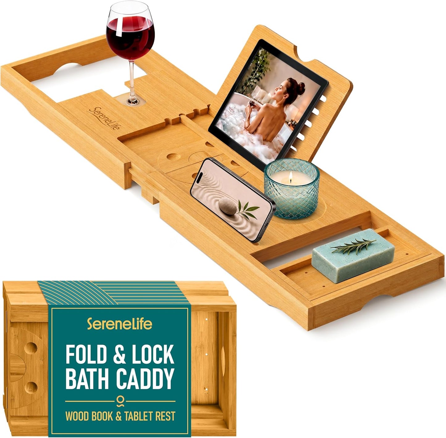Premium Bathtub Tray Caddy - Expandable Bath Organizer for Unique Gifts | Natural Wood, Universal Fit for All Tubs
