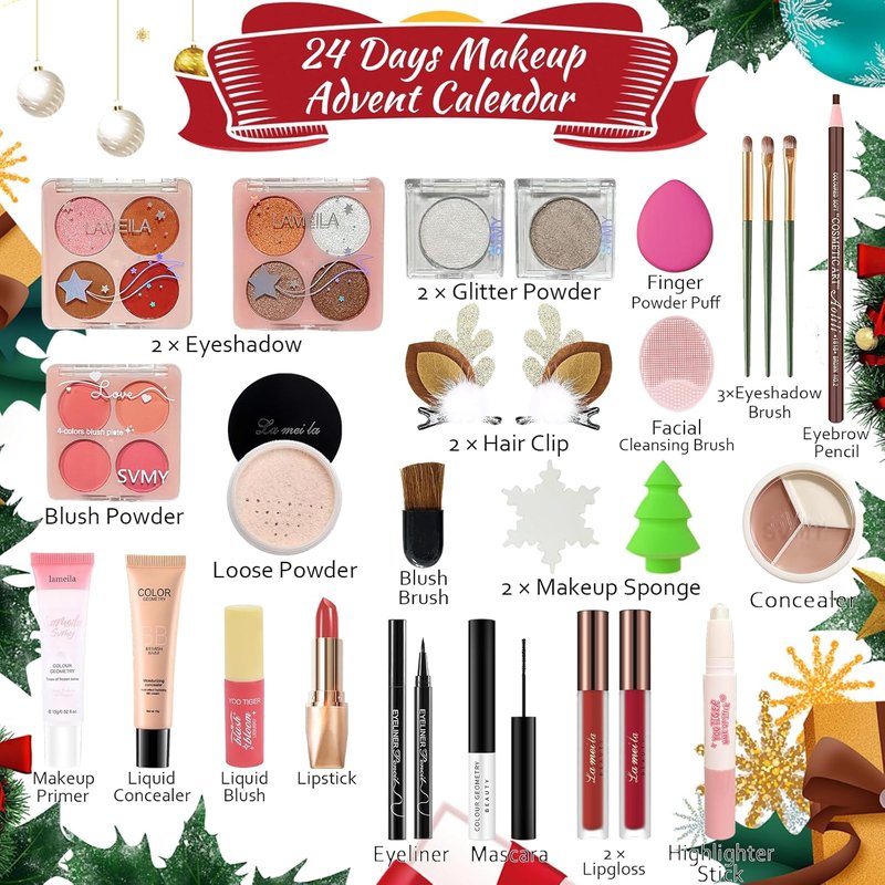 Makeup Advent Calendar 2025 - 24-Day Christmas Gift Set for Women & Teens | Holiday Countdown Kit