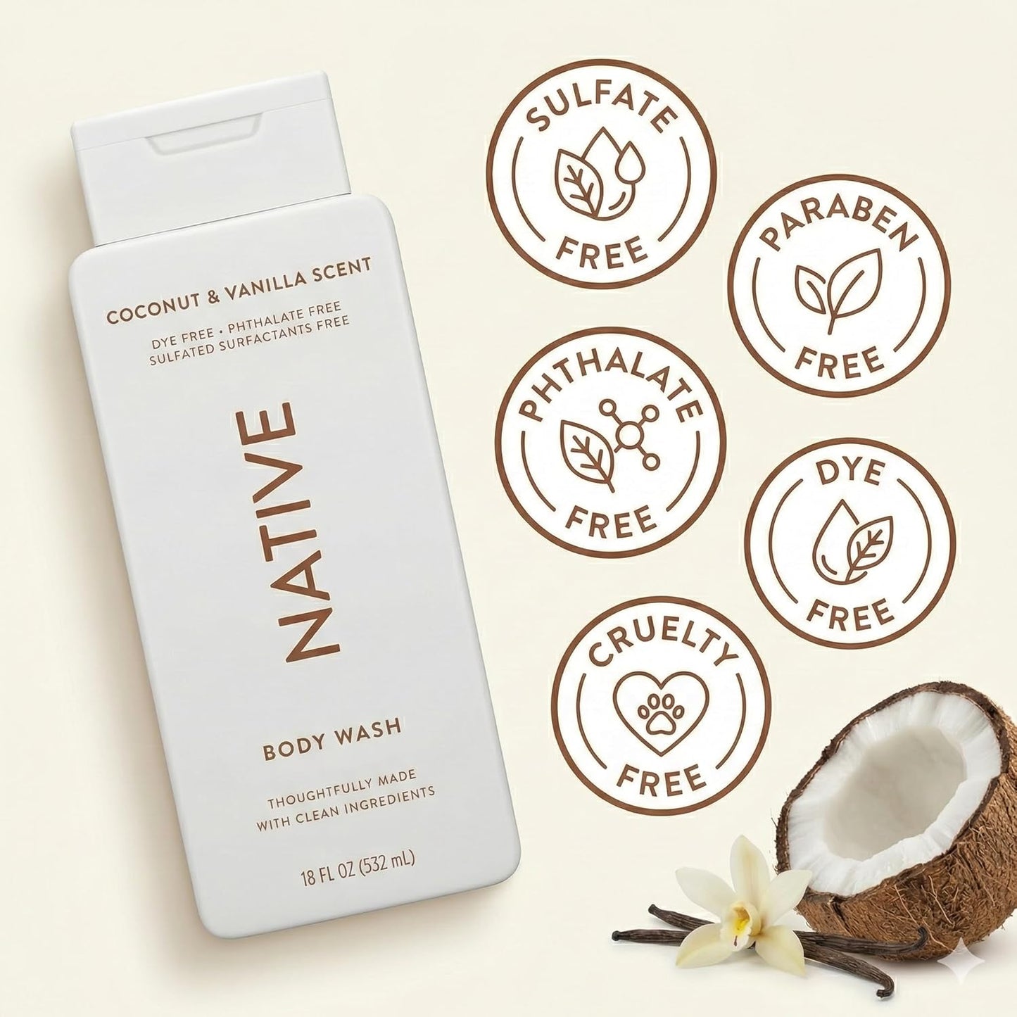 Native Body Wash - Coconut Vanilla Shower Gel | Sulfate & Paraben Free, 18 oz Each, Moisturizing for All Skin Types