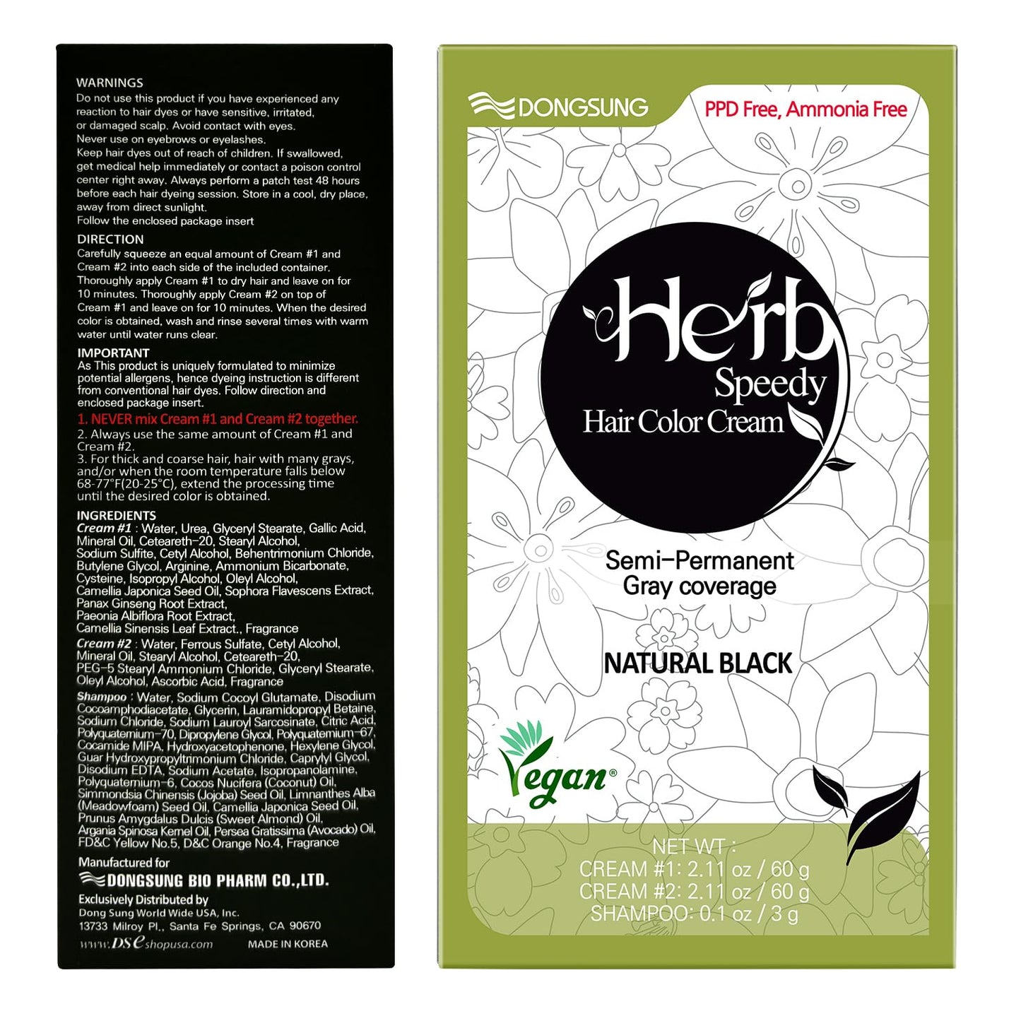 Dongsung Herb Speedy Color Cream (Natural Black, 3 Pack), PPD-Free Ammonia-Free Vegan Gray Coverage Hair Dye with Sun Protection, Odorless, Gentle for Sensitive Scalp, No Eye or Scalp Irritation