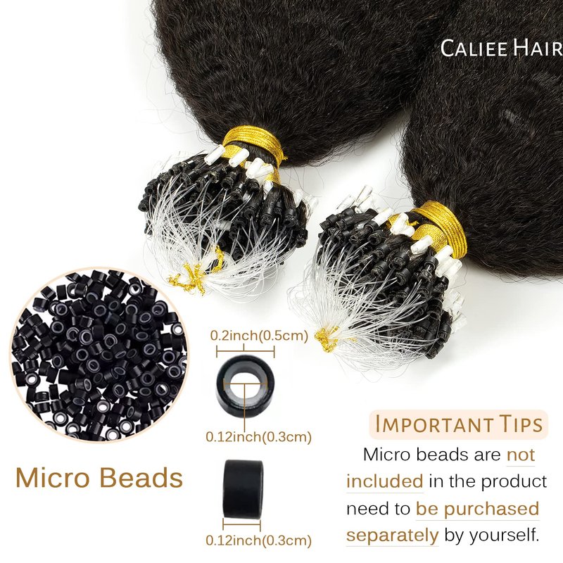 Caliee Microloop Hair Extensions Microlink Human Hair for Black Women Kinky Straight 16 Inch Micro Beads Hair Extensions Human Hair Natural Black 1B Color 50g 50s