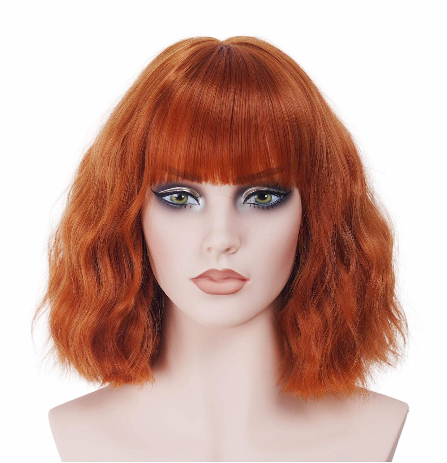 Gerulyss Short Ginger Bob Wig for Women Wavy Shoulder Length Auburn Wig with Bangs Copper Red Synthetic Costume Wig for Halloween,Cosplay,Daily Use