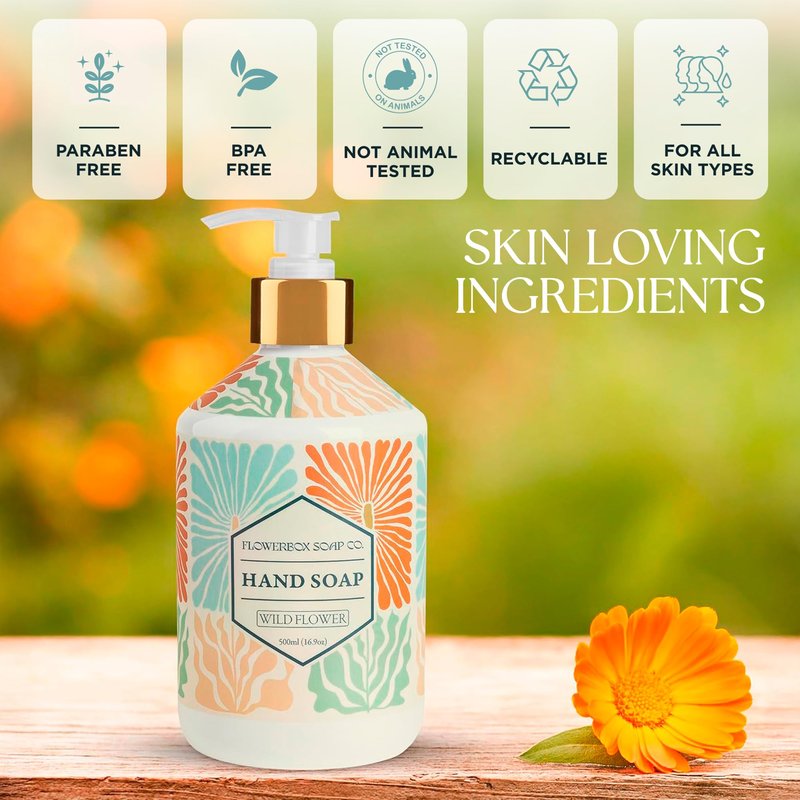 FlowerBox Liquid Hand Soap with Pump – Set of 4 Scented, Decorative Hand Soap Dispensers for Bathroom and Kitchen – 500 mL Luxury Floral Mosaic Bottles, Gift Pack