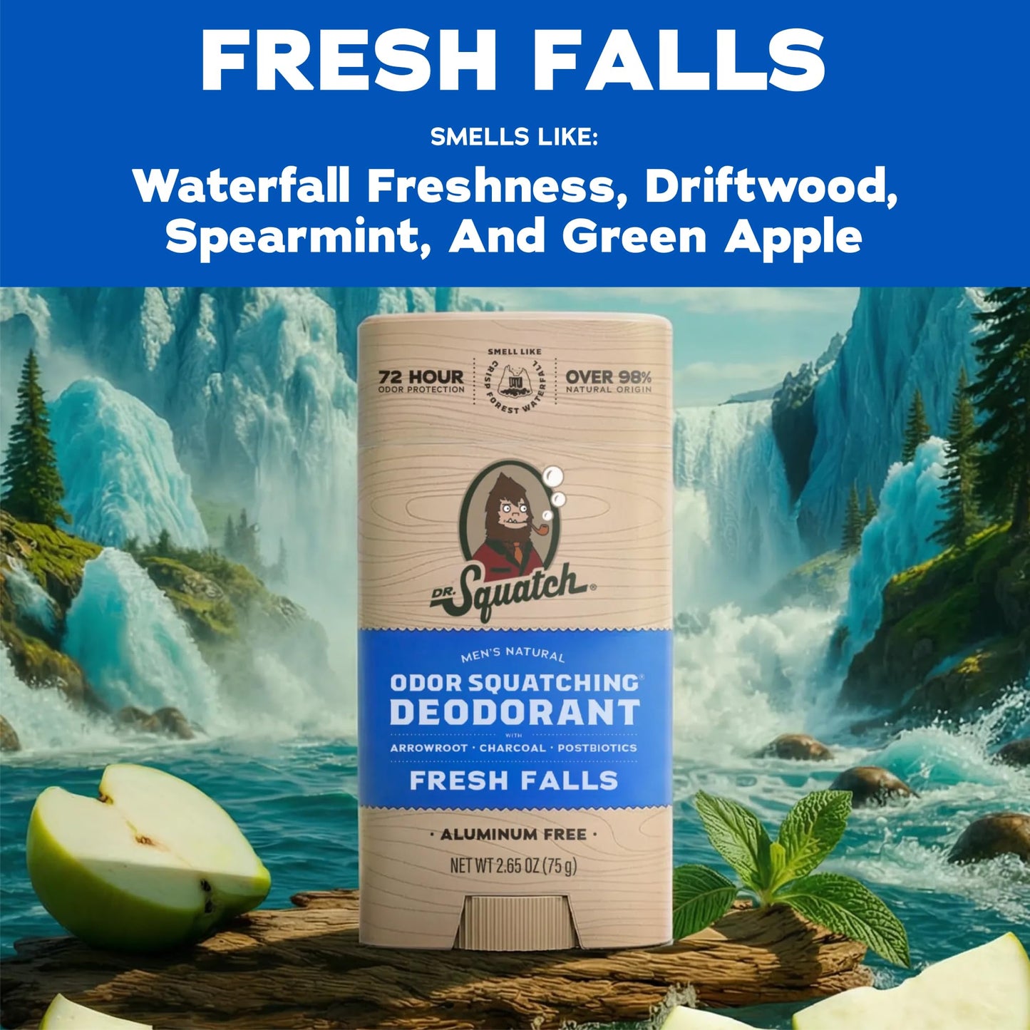 Dr. Squatch Natural Men’s Deodorant – Aluminum Free Natural Deodorant Men with Charcoal & Postbiotics for 72-Hour Odor Protection – Fresh Falls, 2.65oz Stick (3-Pack)