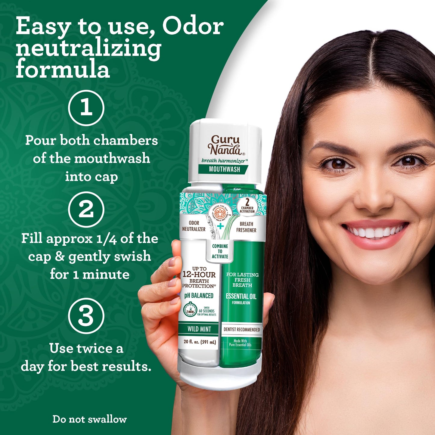 GuruNanda Dual Barrel Breath Harmonizer Mouthwash - Freshens Breath - Alcohol & Fluoride Free with Sodium Chlorite & Essential Oils - Wild Mint Flavor, 3 Pack