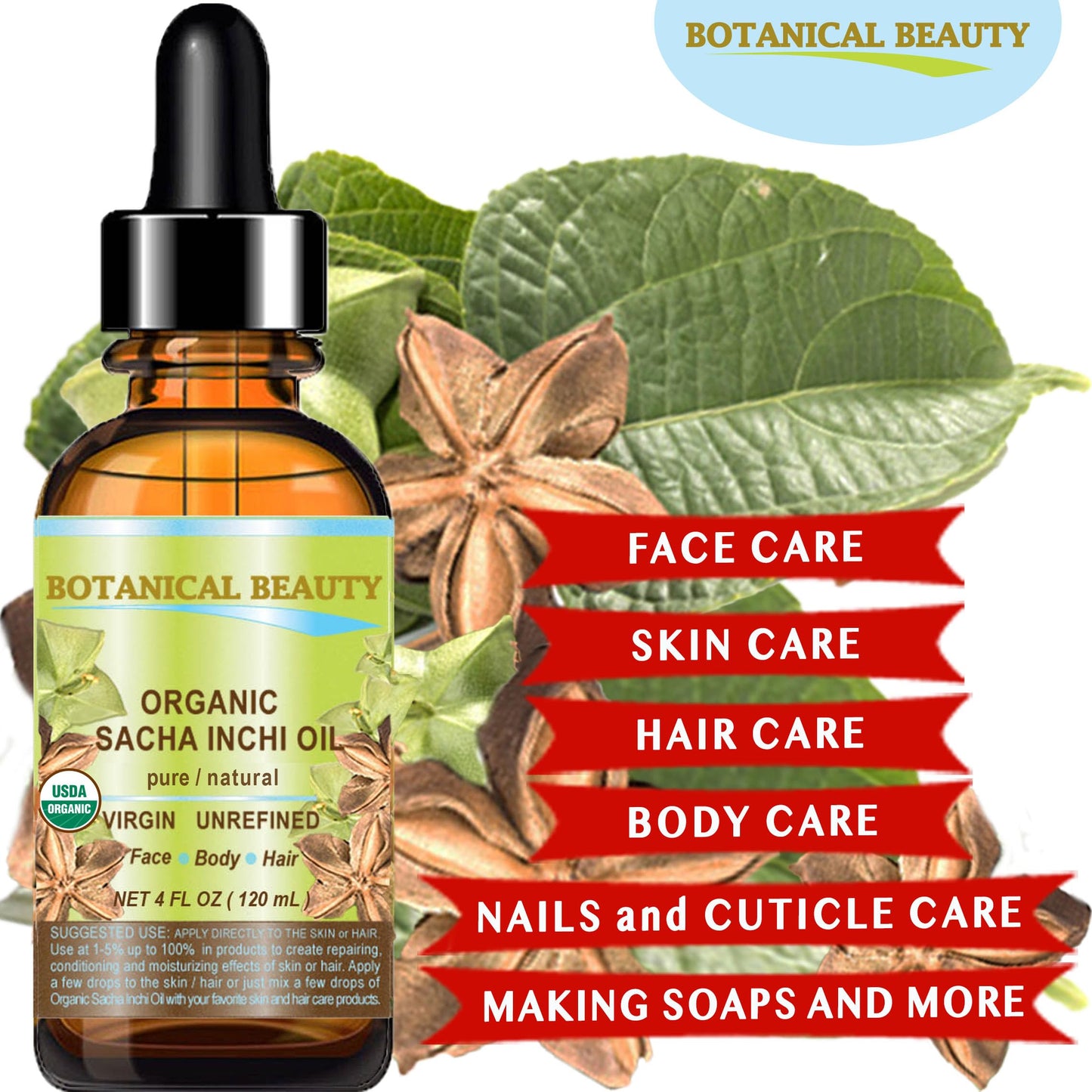 Botanical Beauty Organic SACHA INCHI OIL 100% Natural Pure Undiluted Virgin Unrefined Cold Pressed Carrier Certified Organic Oil For Face, Skin, Hair, Lip, Nails, Rich in Vitamin E (2 Fl Oz 60 ml)