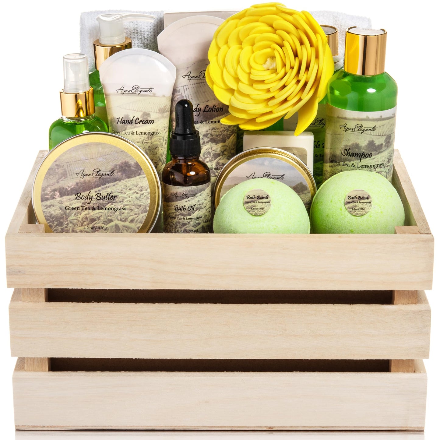 Aqua Elegante Full Spa Gift Set - 15 Piece Premium Bath Basket with Wash, Bubbles, Lotion, Salts, Body Scrub, Towel, Shower Puff, Bathbombs, Reusable Basket, Gifts for Women - Green Tea & Lemongrass