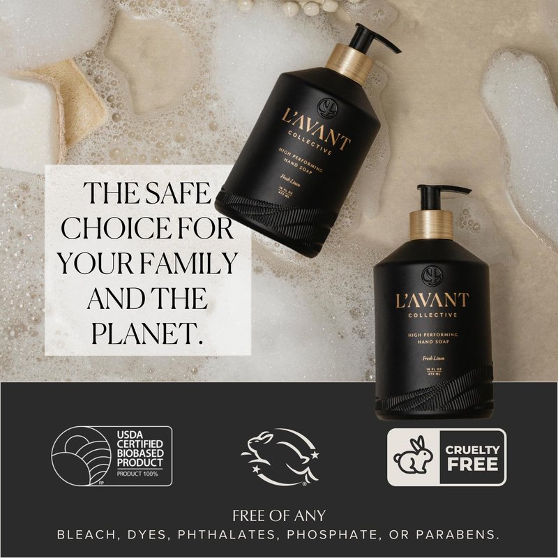 L'AVANT Collective Natural Luxury Hand Soap | Plant-Based, Non-Toxic & Moisturizing, Safe for Kids & Pets, Refillable Glass Bottle with Pump, 16 Fl Oz, Bathroom & Kitchen | Fresh Linen