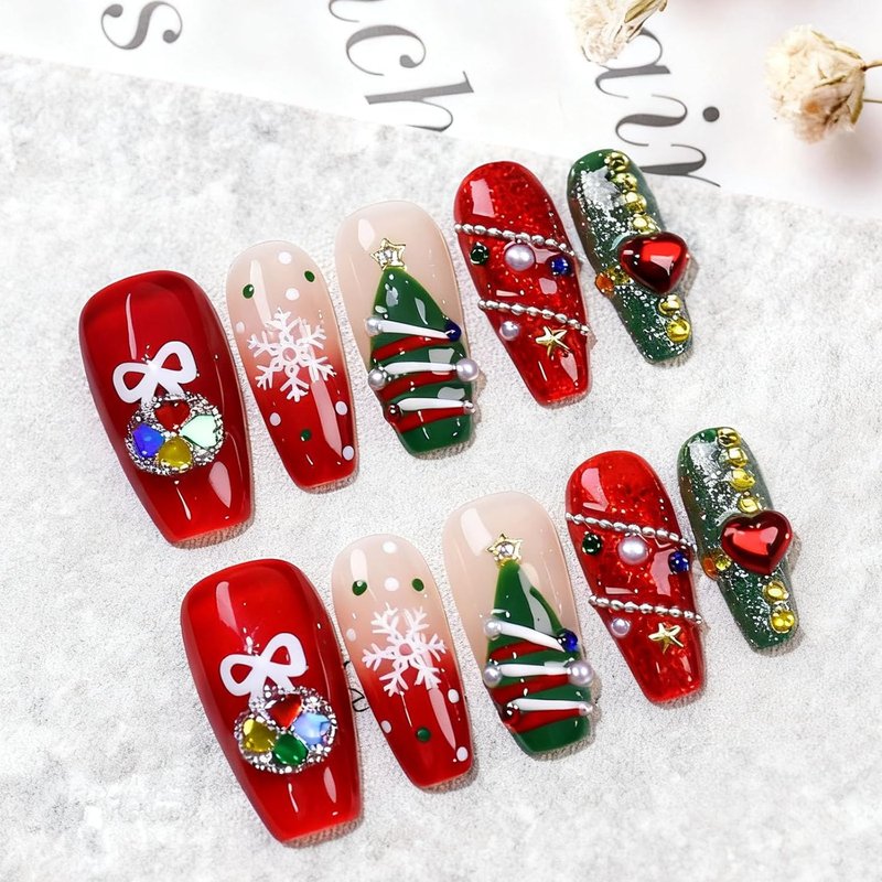 Christmas Press-On Nails - 10 Pcs Handmade Acrylic Coffin Nails with Glitter & 3D Rhinestones | Size M