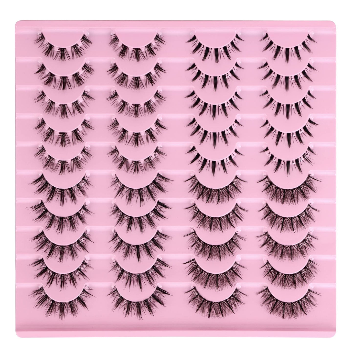Manga Lashes Natural Look Anime False Eyelashes 20 Pairs Clear Band Individual Wispy Fake Eyelashes Strip Spiky DIY Cluster Lashes Extension C-curly Cat Eye Lashes Pack