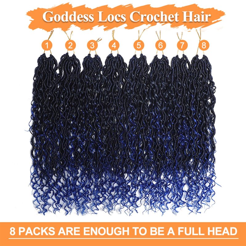 Goddess Locs Crochet Hair 1B/Blue Boho Faux Locs Crochet with Curly Ends 8 Packs Long Bohemian Crochet Hair for Black Women Synthetic Hair Extentions (1B/Blue,24 Inch)