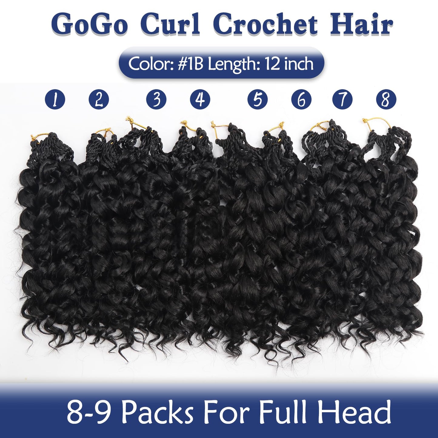 Mebeli GoGo Curl Crochet Hair,12inch Pre Looped Water Wave Beach Curl Ocean Wave Crochet Braiding Hair,8pcs Box Braids Short Curly Crochet Hair for Black Women (12inch,#1B)