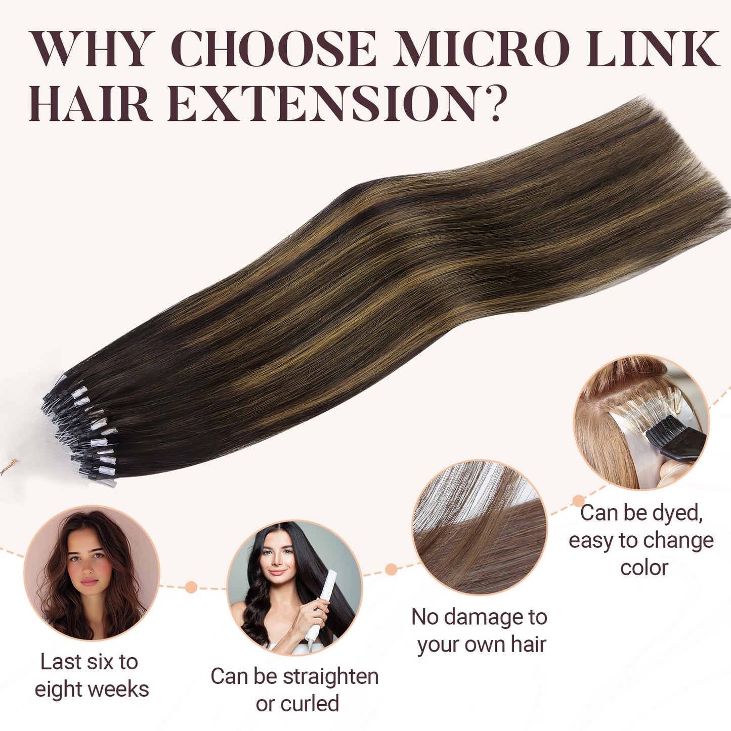MAXITA Microlink Hair Extensions Human Hair Balayage Dark Brown Mixed Chestnut Brown Micro Bead Hair Extensions Real Human Hair, 50g/50 Strands/Pack, 16 In