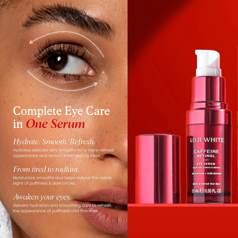 Koji White Caffeine Eye Serum - Reduce Puffiness & Dark Circles with Retinol, Peptides & Vitamin C | Fragrance-Free, Vegan, 0.50 Fl Oz