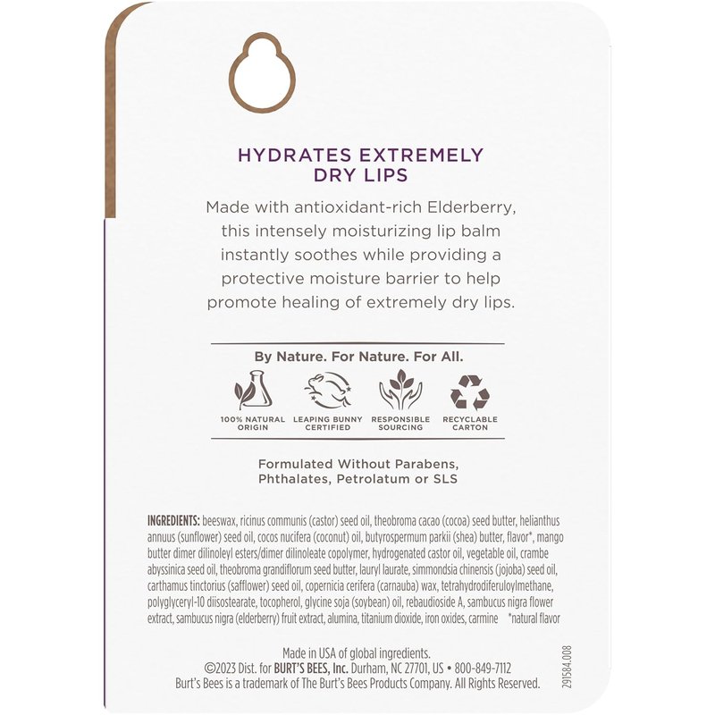 Burt's Bees Elderberry Lip Balm - Antioxidant-Rich, Tint-Free Natural Care | 2 Tubes, 0.15 oz Each