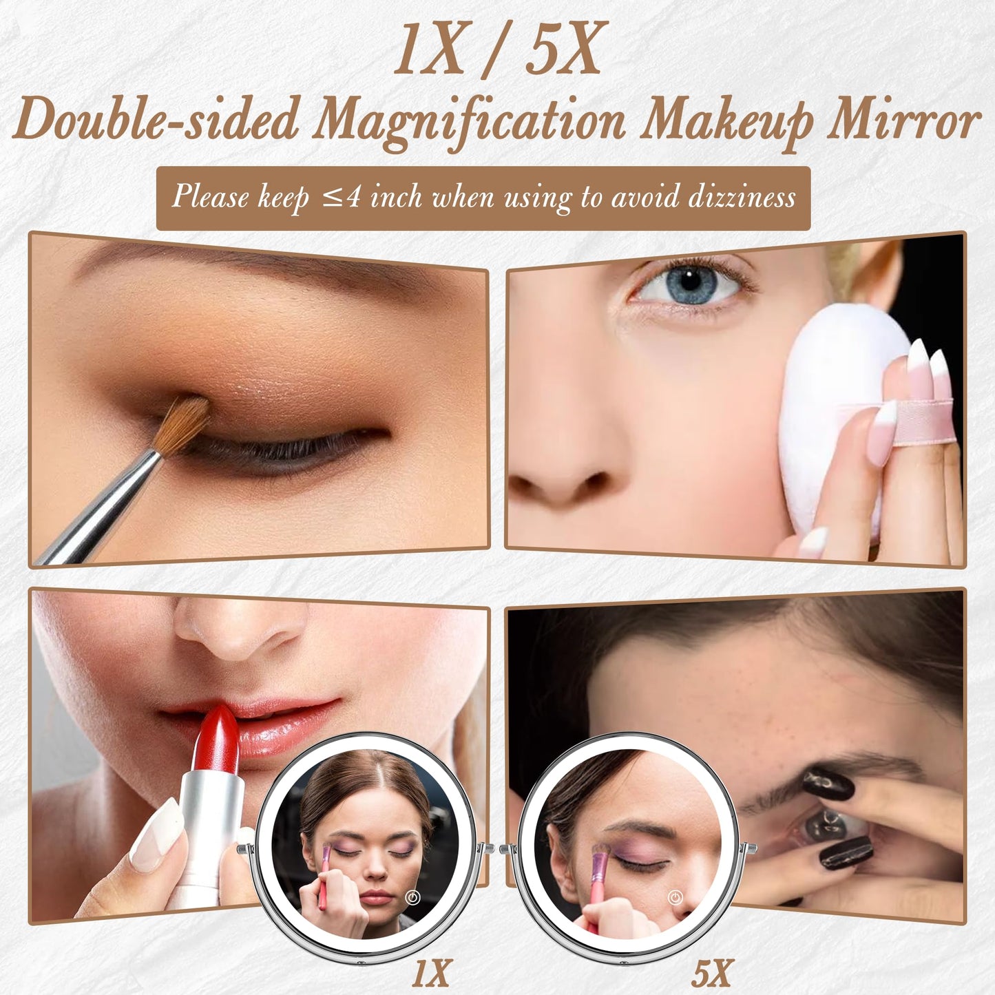 Ysenchan Lighted Makeup Mirror, 8'' Rechargable LED Vanity Magnifying Mirror, Double Sided 5X Manification Mirror with Stand, Cosmetic Standing Desk