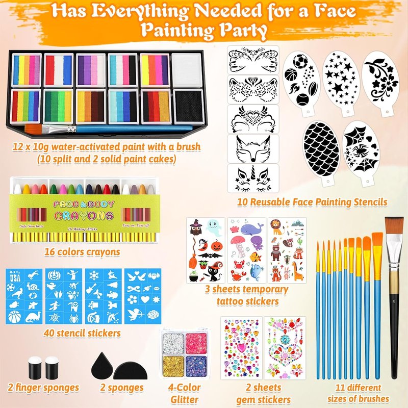 Face Painting Kit - 12x10g Water-Based Split Cake Palette with Stencils & Glitter Crayon | Ideal for Kids & Adults, Perfect for Parties & Events