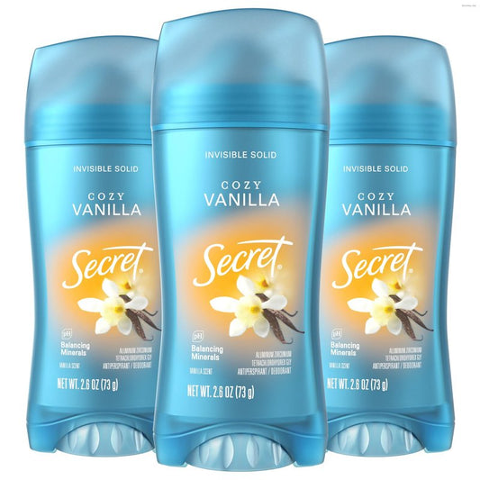 Secret Fresh Antiperspirant Deodorant for Women, 72hr Breathable Sweat & Odor Protection, Instant Freshness & Gentle, PH Balancing Minerals, Invisible Solid, Cozy Vanilla Scent, 2.6 oz (Pack of 3)