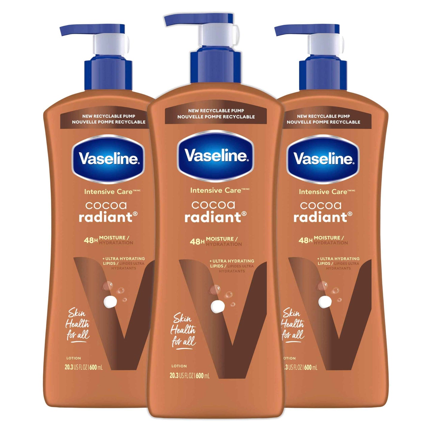 Vaseline Intensive Care Body Lotion Cocoa Radiant 3 count for Dry Skin Lotion Made with Ultra-Hydrating Lipids and Pure Cocoa Butter for a Long-Lasting, Radiant Glow 20.3 Oz
