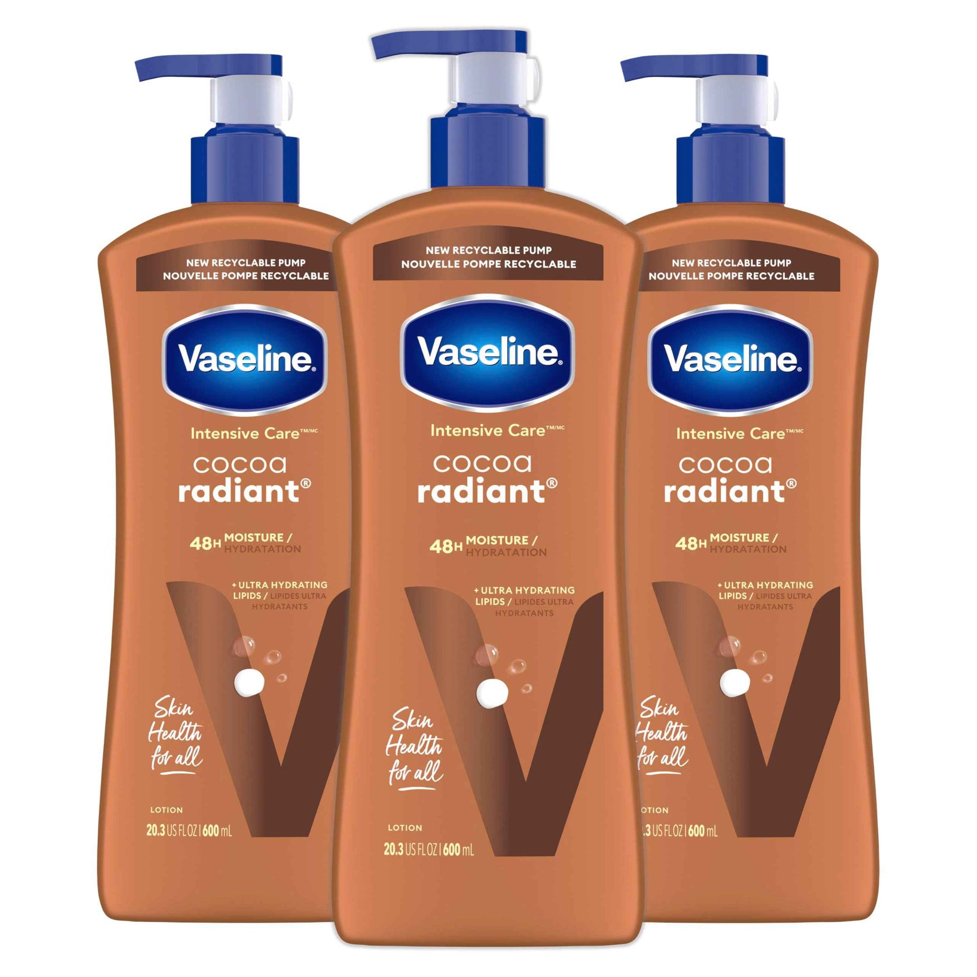Vaseline Intensive Care Body Lotion Cocoa Radiant 3 count for Dry Skin Lotion Made with Ultra-Hydrating Lipids and Pure Cocoa Butter for a Long-Lasting, Radiant Glow 20.3 Oz