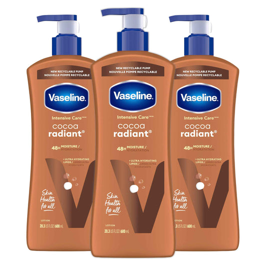 Vaseline Intensive Care Body Lotion Cocoa Radiant 3 count for Dry Skin Lotion Made with Ultra-Hydrating Lipids and Pure Cocoa Butter for a Long-Lasting, Radiant Glow 20.3 Oz