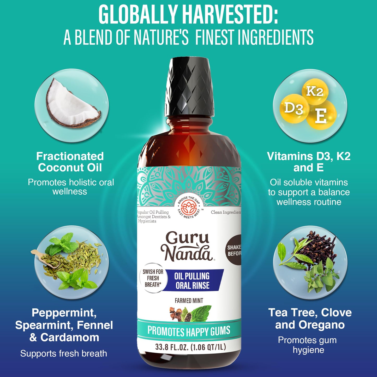 GuruNanda CocoMint Oil Pulling Mouthwash for Complete Oral Hygiene, 7 Essential Oils & Vitamins for Happy Teeth & Gums & Fresh Breath, Alcohol-Free, 33.8 Fl Oz/1L