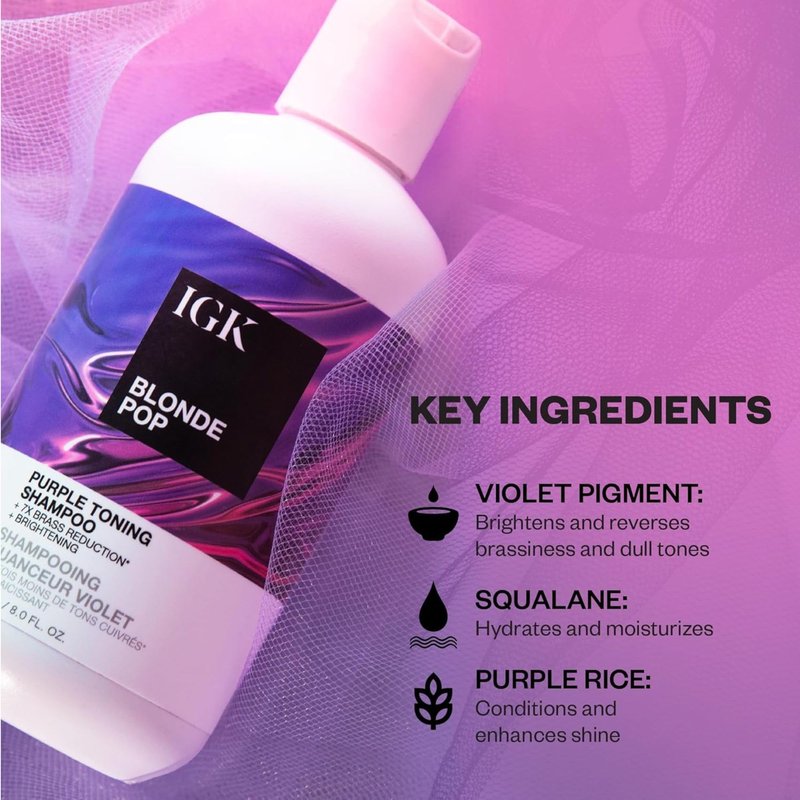 IGK BLONDE POP Purple Shampoo | Neutralizes Brass + Brightens Blonde | Toning Shampoo for Highlighted, Bleached & Color-Treated Hair | Vegan + Cruelty Free | 8 Oz