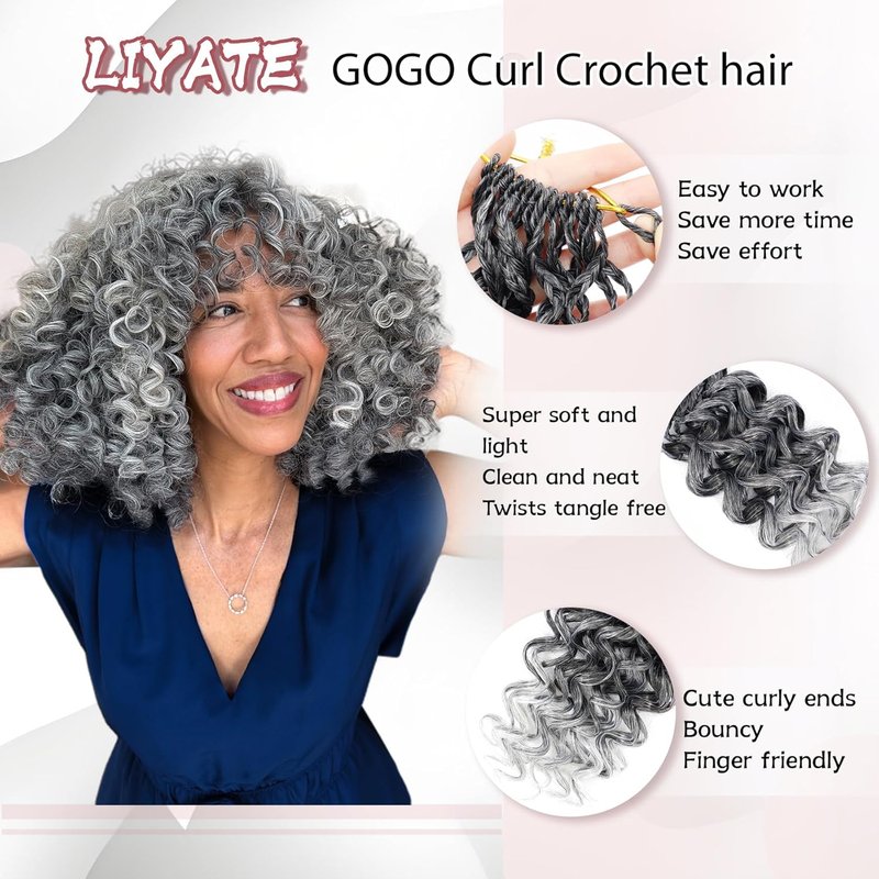 Gogo Curl Grey Crochet Hair - 18 Inch Pre-Twisted Curly Braids | Deep Ocean Wave, Synthetic Extensions