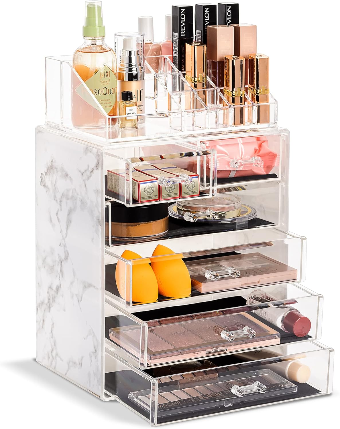Acrylic Makeup Organizer Set - 6-Drawer Vanity & Countertop Storage | Marble Print for Brushes & Jewelry