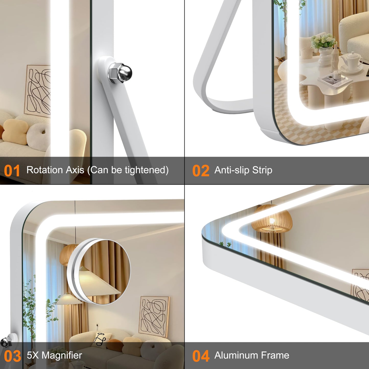 Hasipu Vanity Mirror with Lights, 14" x 11" LED Makeup Mirror, 3 Modes Light, Smart Touch Control Dimmable, 360°Rotation, Rectangle White Frame, with 5X Magnifying Glass