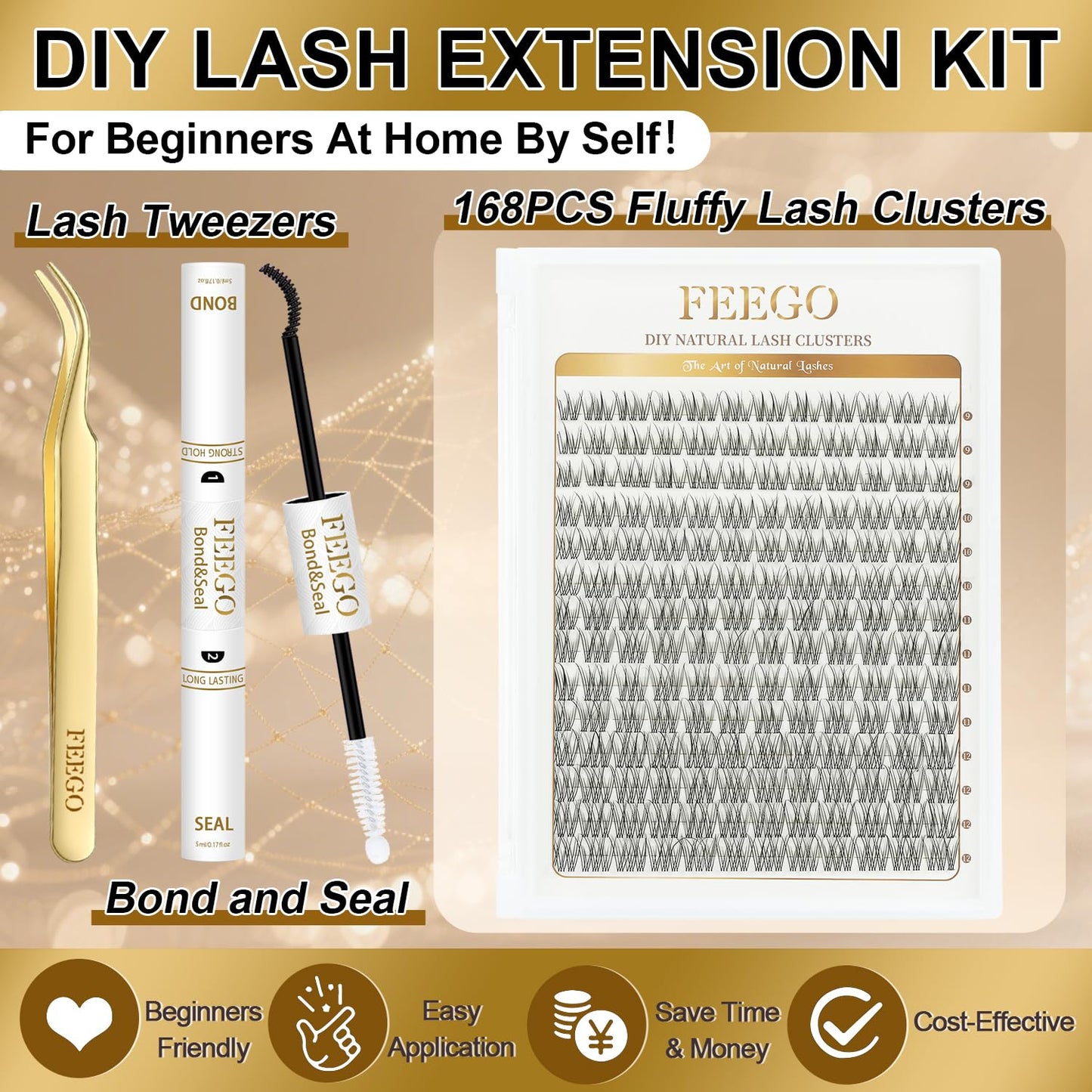 FEEGO Natural Lash Extension Kit 168Pcs Lash Clusters Kit Wispy Eyelash Extensions Individual Lashes Extensions with Bond and Seal Lash Glue and Eyelash Extension Tweezers DIY (9-12 MM)