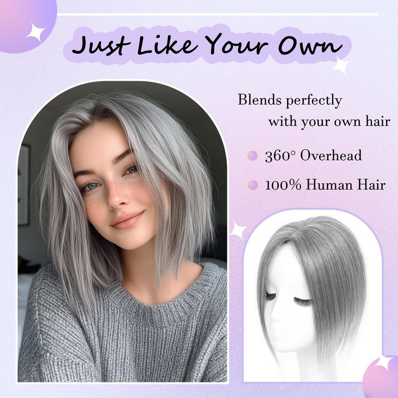 Hair Toppers for Women Real Human Hair， 360° 3D Cover Hair Topper Clip in Bangs 10 Inch Realistic Scalp Pieces for Women with Thinning Crown (Gray, Side Bangs)