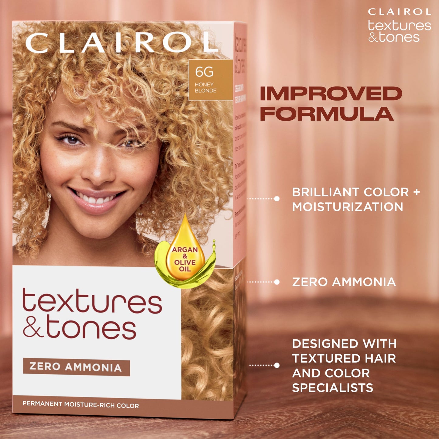 Clairol Textures & Tones Permanent Hair Dye, 6G Honey Blonde Hair Color | Ammonia-Free | Moisture-Rich Formula with Argan, and Olive Oil for Brilliant Shine | Pack of 1