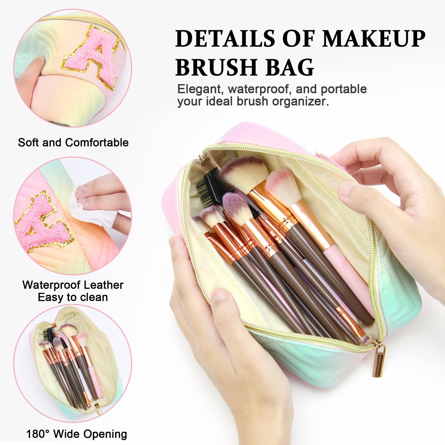 Personalized Initial Travel Makeup Bag | Trendy Girls Make up bags, Large Capacity Colorful Cosmetic Bag Organizer for Women, Leather Waterproof Open Flat Toiletry Bags for Teen friends Gifts - E