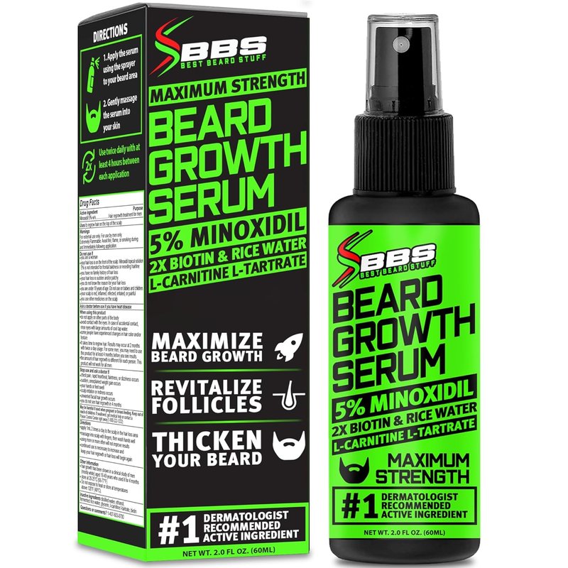 Minoxidil Beard Growth Serum - 5% Formula with 2X Biotin & Rice Water for Thicker, Fuller Facial Hair | Ideal for Patchy Areas