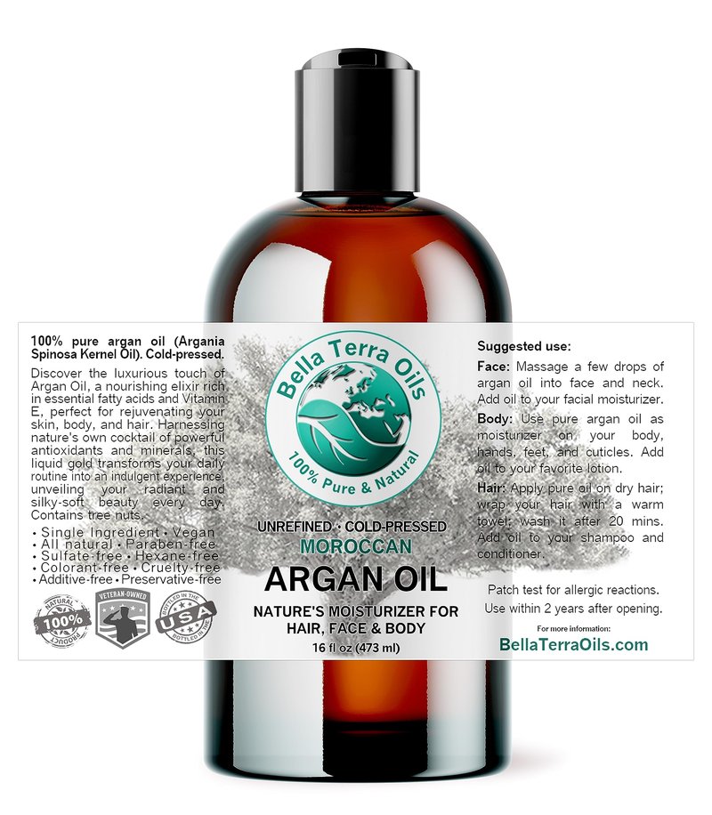 Bella Terra Oils - Argan Oil 16 oz - Cold-Pressed & Authentic, Hailing from Morocco's Argan Forests, Ideal Body & Face Oil, Keeps Frizz at Bay