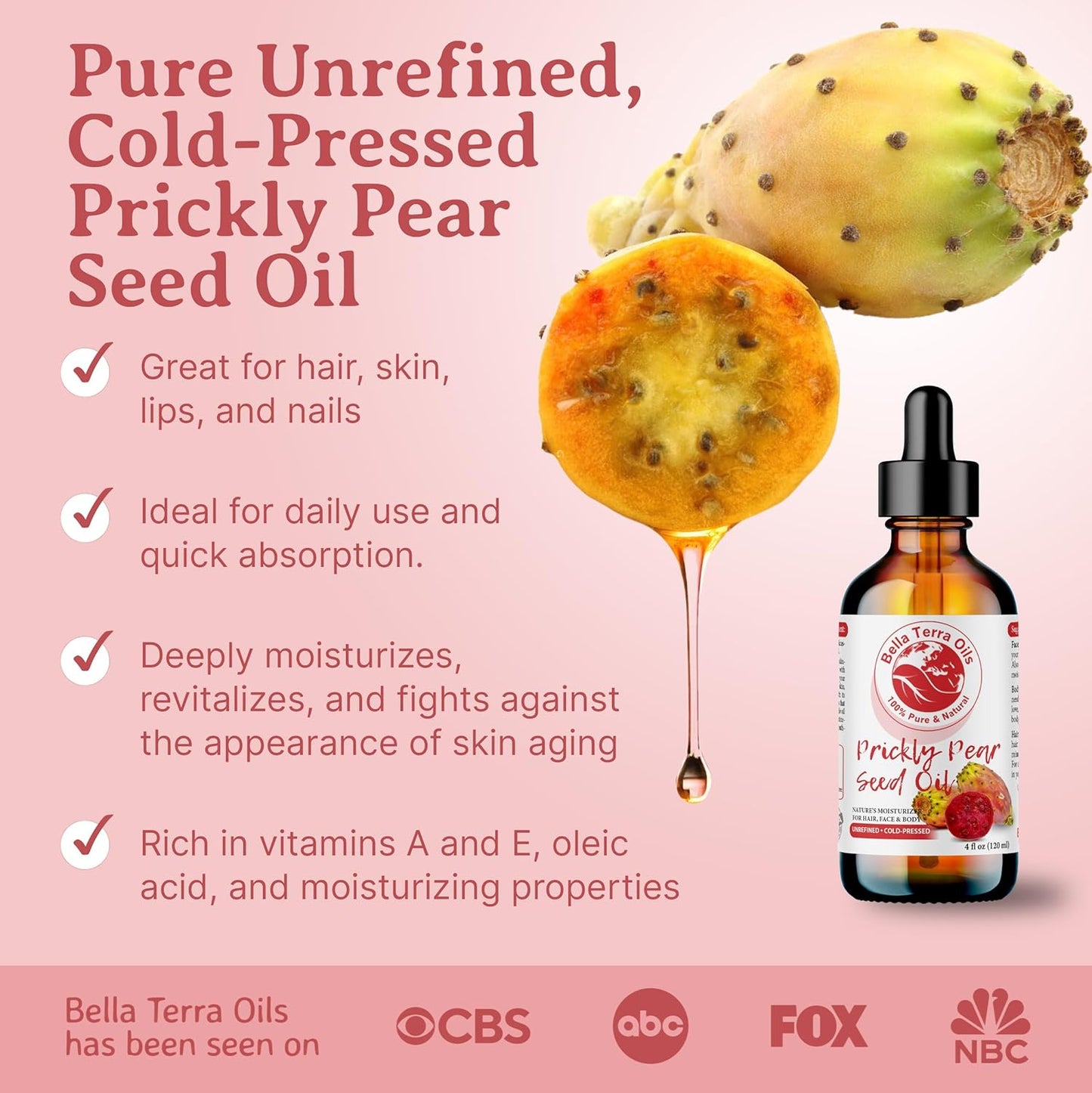 Prickly Pear Seed Oil - 8 oz Cactus Extract for Radiant Skin | Rich in Vitamin B & Zinc