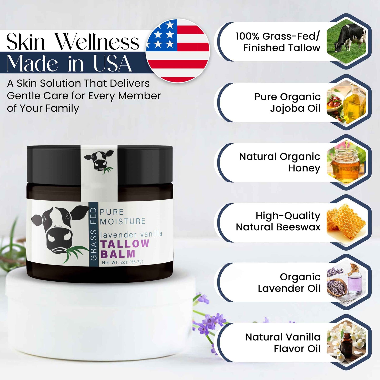 Hygge Beaute Beef Tallow for Skin - Handmade Organic Grass Fed Beef Tallow Face Moisturizer - 2 OZ Lavender Vanilla Scented Beef Tallow Balm with Deep Hydration, Soothing Relief, Skin Repair