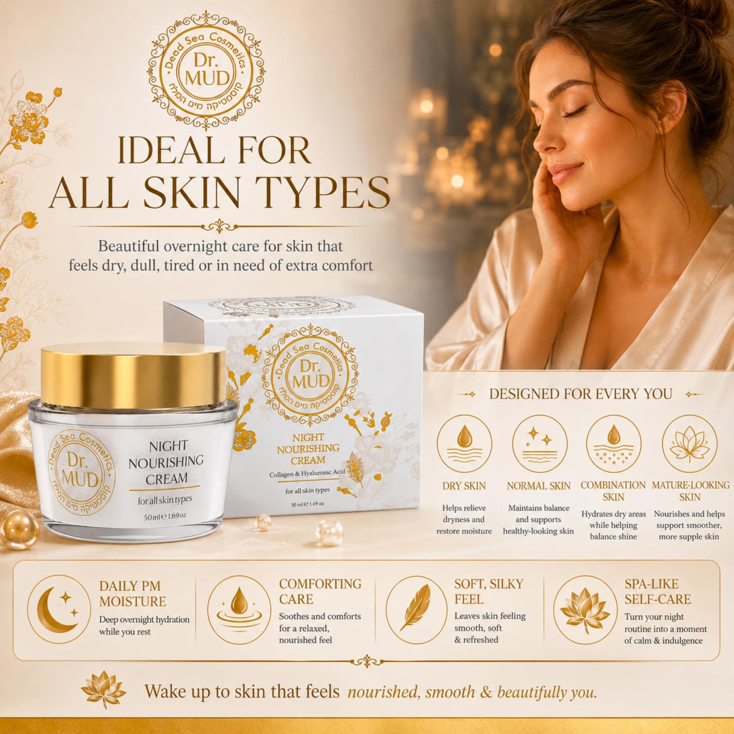 Dr.MUD Night Nourishing Cream for Face with Dead Sea Minerals, Hyaluronic Acid, Collagen, Vitamin E, Green Tea, Avocado Oil & Aloe Vera, Rich Overnight Moisturizer for All Skin Types, 50 ml