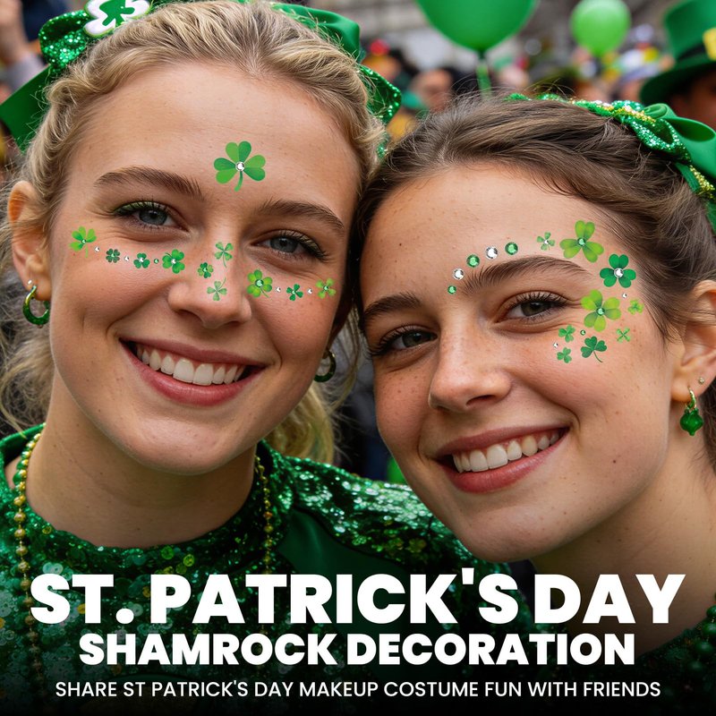 EMOME St Patrick Day Accessories, St Patrick's Day Shamrock Face Tattoo with Green White Face Gems, Saint Patrick's Day Makeup Art Decorations for Women, Girls