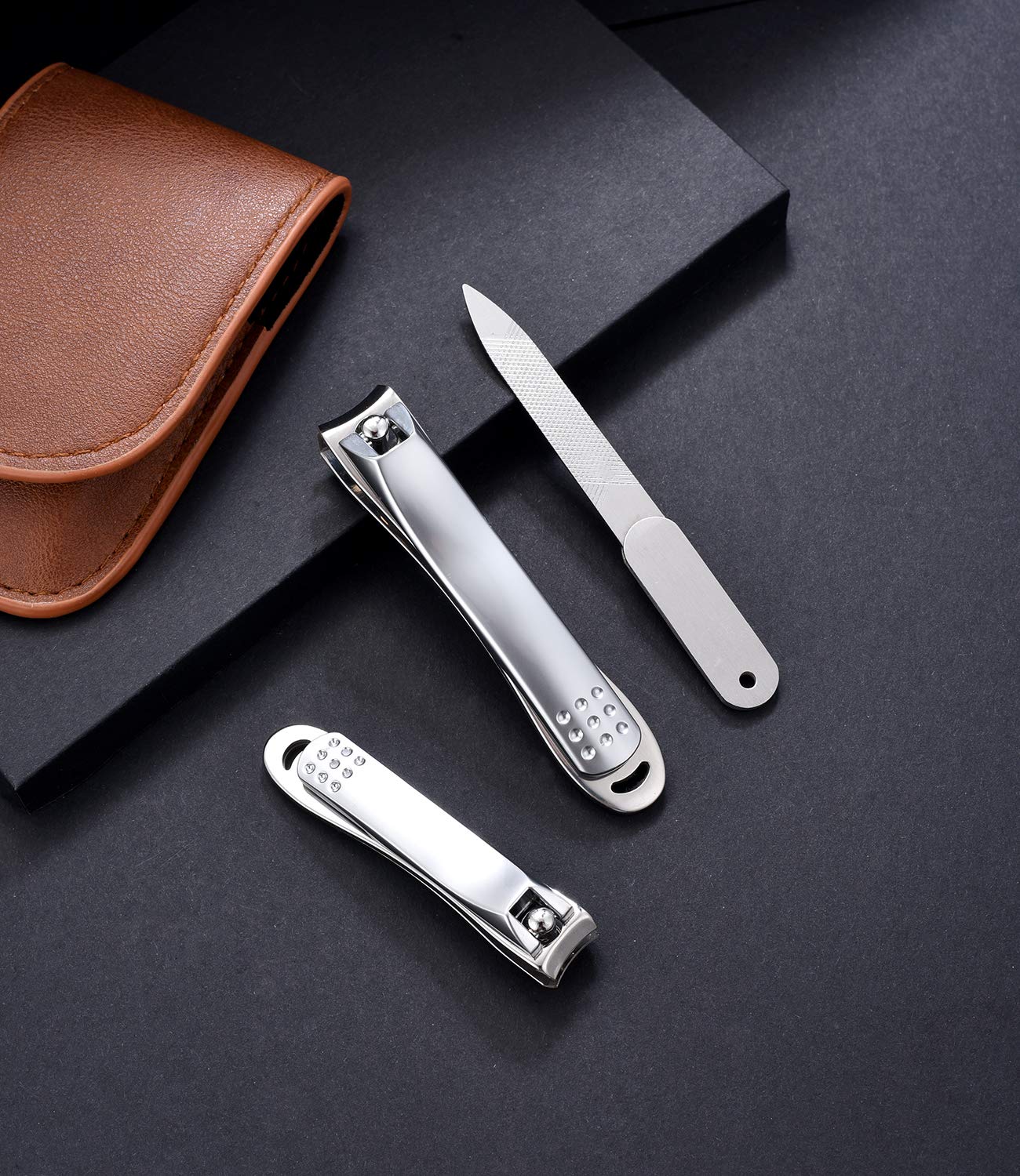 YOUGUOM Nail Clipper Set - Stainless Steel Fingernail Clippers Toenail Curved Blades Nail Cutter and Nail File w/PU Sheath for Men Women
